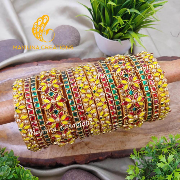 Megala - Yellow, Red and Green 3D Kundan Silk Thread Bangles for Wedding