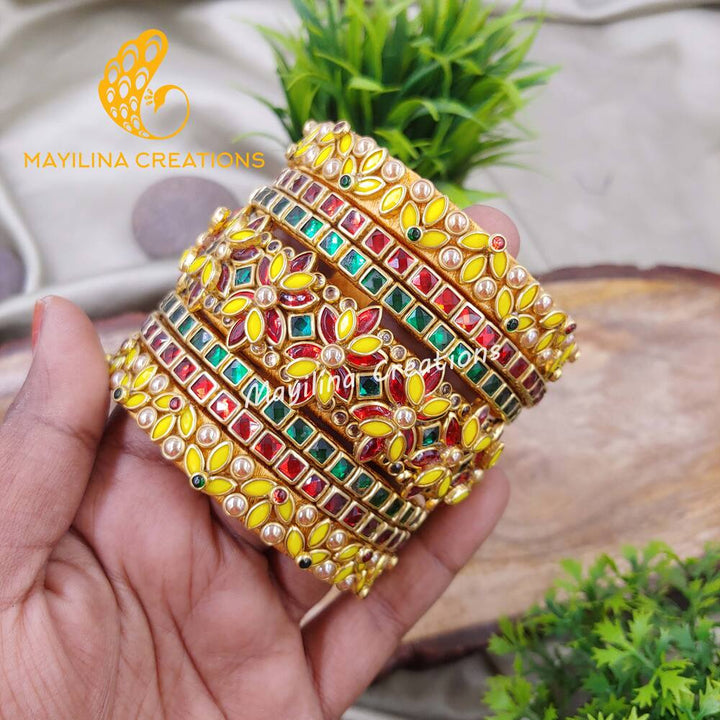 Megala - Yellow, Red and Green 3D Kundan Silk Thread Bangles for Wedding