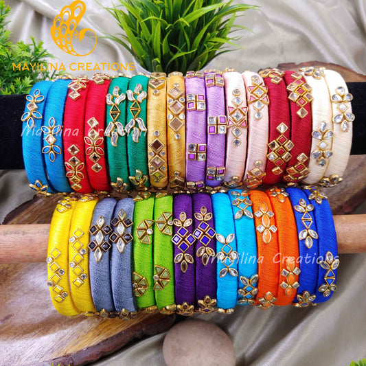 Multicolor Silk Thread Kundan Bangles (Set of 2 to 30) for Return Gits for Wedding, Baby Shower, Navratri, Pooja, House Warming and Haldi Functions.