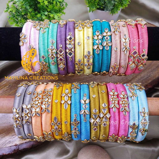 Multicolor Silk Thread Kundan Bangles 14 Pairs(Set of 28 Bangles) for Return Gits