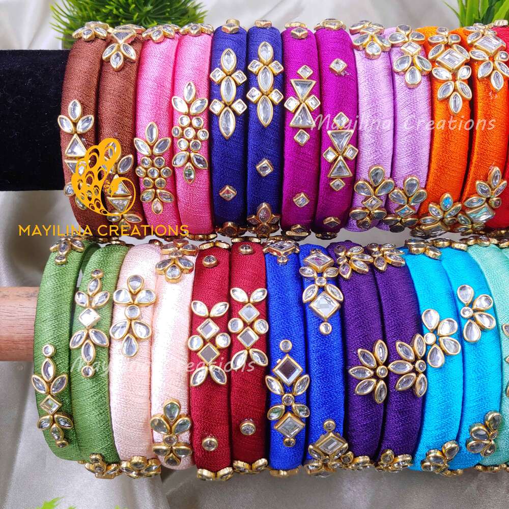 Multicolor Silk Thread Kundan Bangles (Set of 2 to 40) for Return Gits for Wedding, Baby Shower, Navratri, Pooja, House Warming and Haldi Functions