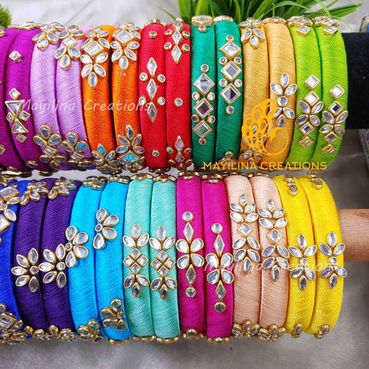 Multicolor Silk Thread Kundan Bangles (Set of 2 to 40) for Return Gits for Wedding, Baby Shower, Navratri, Pooja, House Warming and Haldi Functions