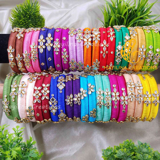 Multicolor Silk Thread Kundan Bangles (Set of 2 to 40) for Return Gits for Wedding, Baby Shower, Navratri, Pooja, House Warming and Haldi Functions