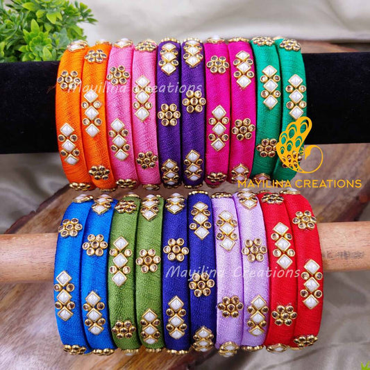 Multicolor Silk Thread Kundan Bangles (Set of 2 to 20) for Return Gits for Wedding, Baby Shower, Navratri, Pooja, House Warming and Haldi Functions