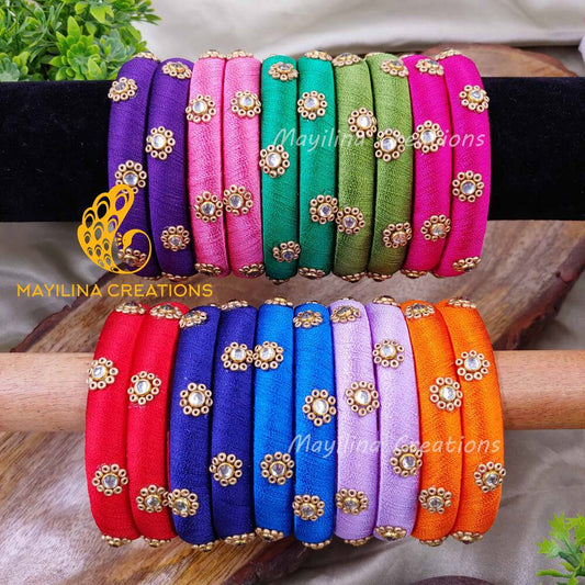 Multicolor Silk Thread Kundan Bangles (Set of 2 to 20) for Return Gits for Wedding, Baby Shower, Navratri, Pooja, House Warming and Haldi Functions