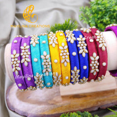 Multicolor White Pearl Flower Pattern Silk Thread Kundan Bangles (Set of 2 to 20) for Return Gits for Wedding, Baby Shower, Navratri, Pooja, House Warming and Haldi Functions