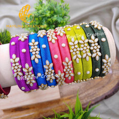 Multicolor White Pearl Flower Pattern Silk Thread Kundan Bangles (Set of 2 to 20) for Return Gits for Wedding, Baby Shower, Navratri, Pooja, House Warming and Haldi Functions