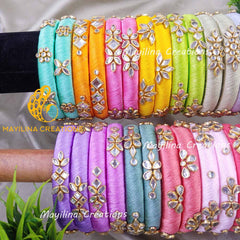 Bright Silk Thread Kundan Bangles 15 Pairs(Set of 30 Bangles) for Return Gits for Wedding, Baby Shower, Navratri, Pooja, House Warming and Haldi Functions