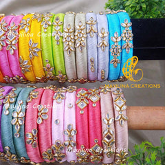 Bright Silk Thread Kundan Bangles 15 Pairs(Set of 30 Bangles) for Return Gits for Wedding, Baby Shower, Navratri, Pooja, House Warming and Haldi Functions