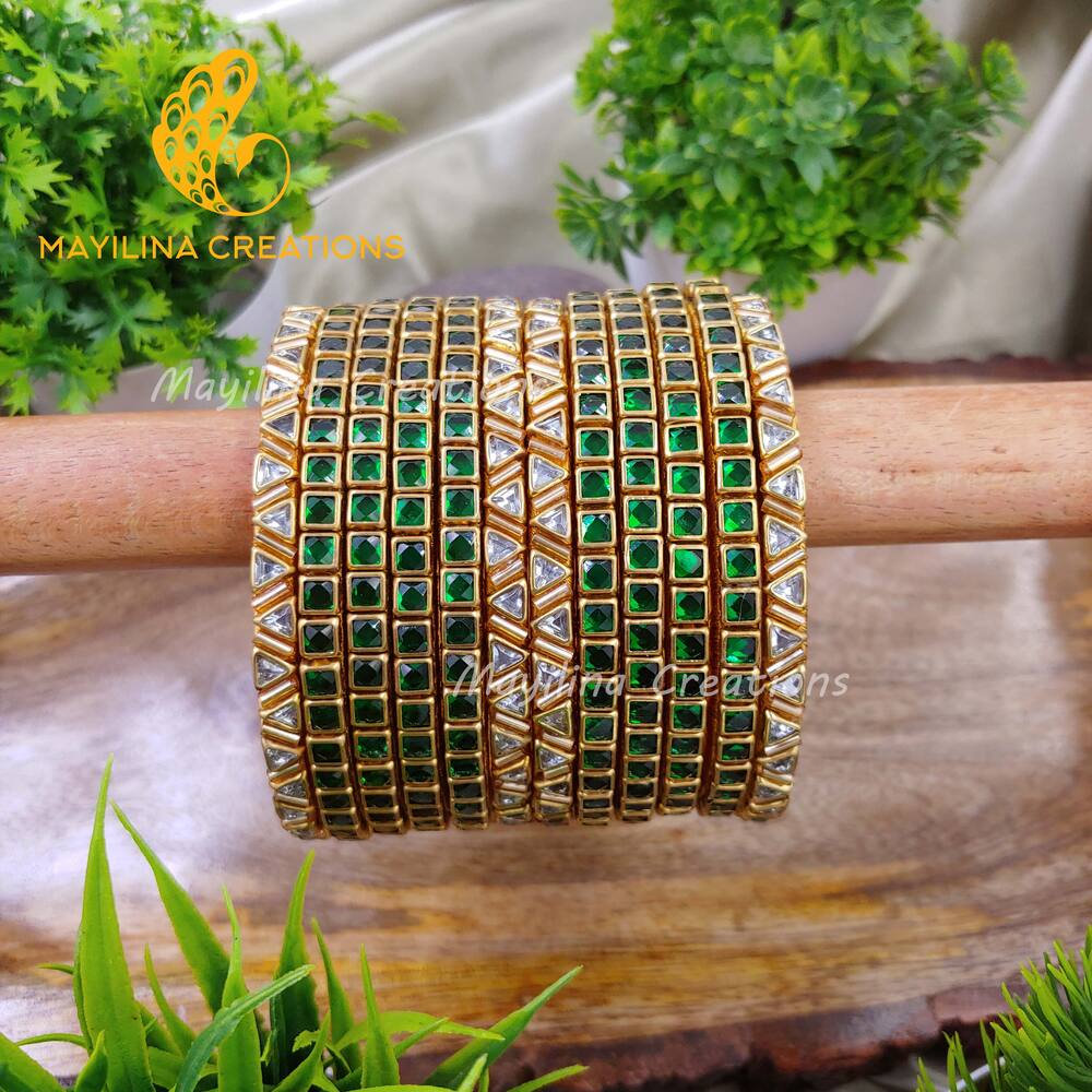 Dark Green Single Line Kundan Bangles with Triangles Border- Silk Thread Bangles(Set of 12 Bangles)