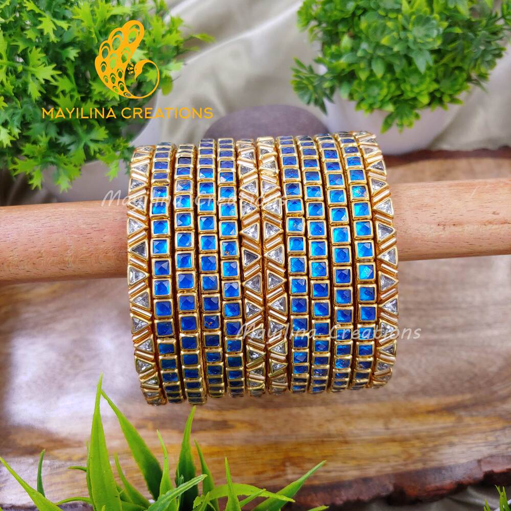 Blue Single Line Kundan Bangles with Triangles Border- Silk Thread Bangles(Set of 12 Bangles)