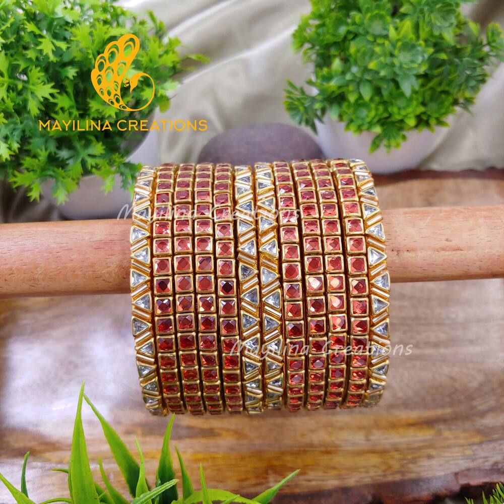 Orange Single Line Kundan Bangles with Triangles Border- Silk Thread Bangles(Set of 12 Bangles)