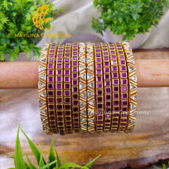 Violet Single Line Kundan Bangles with Triangles Border- Silk Thread Bangles(Set of 12 Bangles)