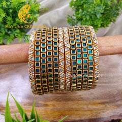 Teal Single Line Kundan Bangles with Triangles Border- Silk Thread Bangles(Set of 12 Bangles)