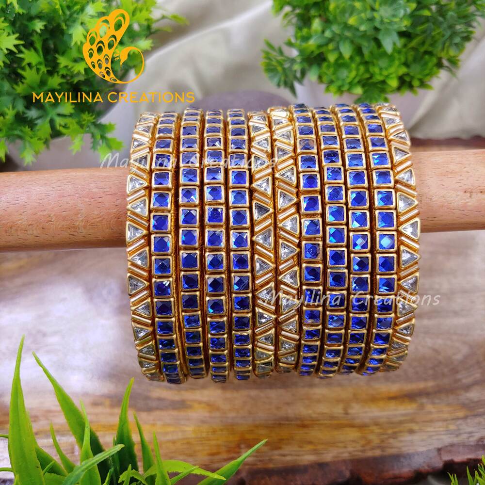 Dark Blue Single Line Kundan Bangles with Triangles Border- Silk Thread Bangles(Set of 12 Bangles)