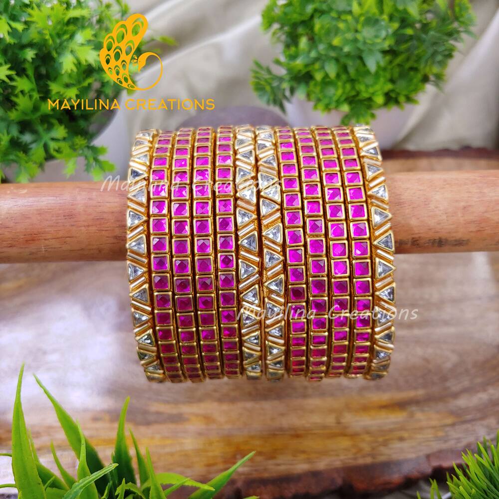 Dark Pink Single Line Kundan Bangles with Triangles Border- Silk Thread Bangles(Set of 12 Bangles)