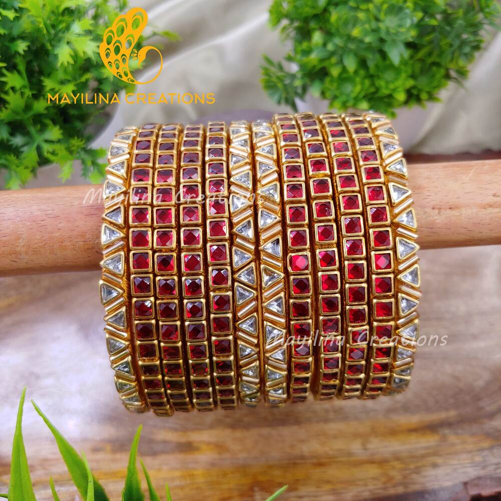 Dark Red Single Line Kundan Bangles with Triangles Border- Silk Thread Bangles(Set of 12 Bangles)