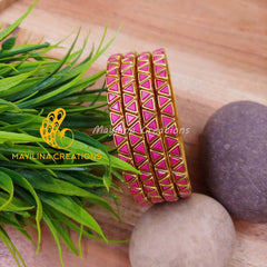 Dark Pink Triangle Pattern Kundan Single Line Silk Thread Bangles (Set of 4)