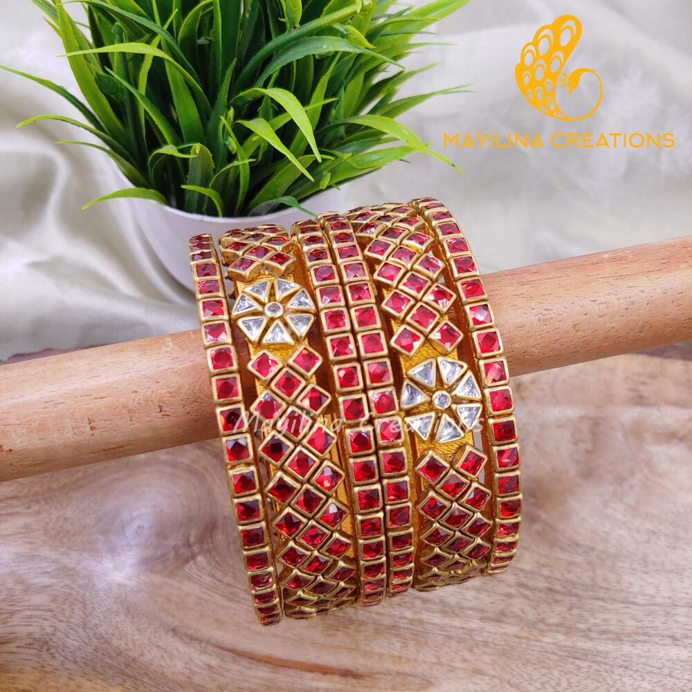 Dark Red Kundan Kada Bangles with Border Single Line Bangles - Silk Thread Bangles(Set of 6 Bangles)