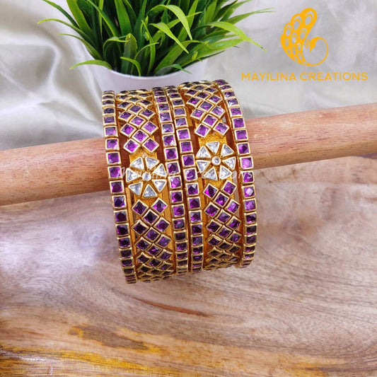 Violet Kundan Kada Bangles with Border Single Line Bangles - Silk Thread Bangles(Set of 6 Bangles)