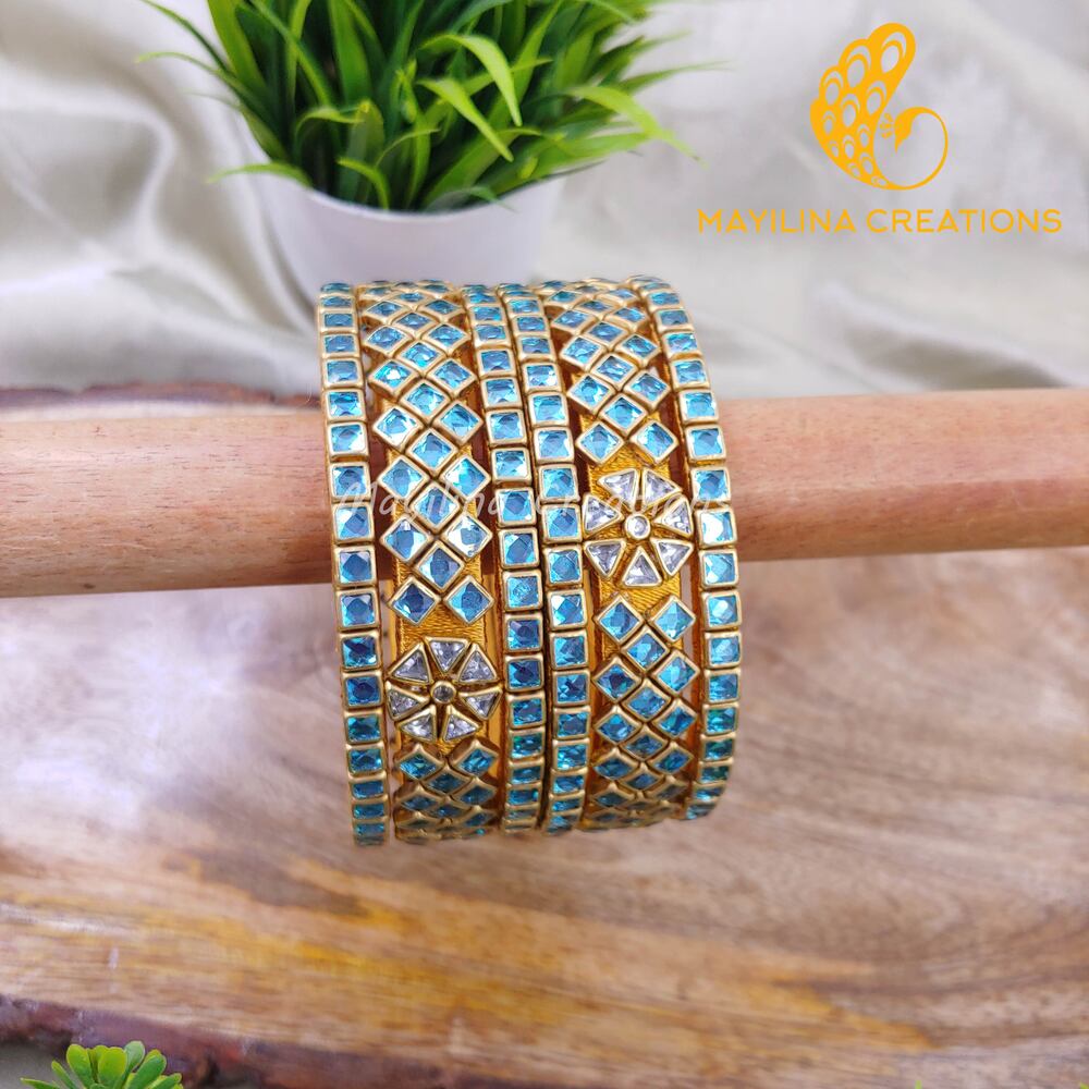 Light Blue Kundan Kada Bangles with Border Single Line Bangles - Silk Thread Bangles(Set of 6 Bangles)