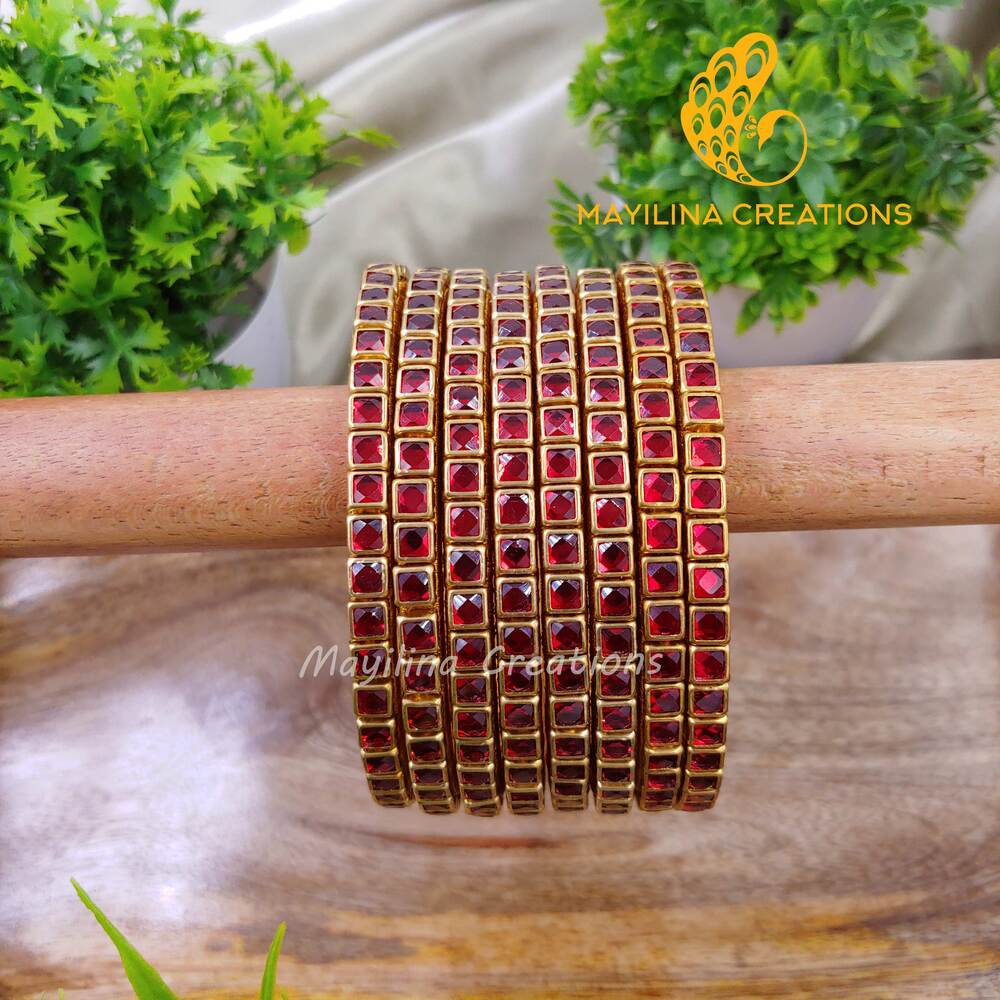 Dark Red Single Line Kundan Bangles - Silk Thread Bangles(Set of 8 Bangles)