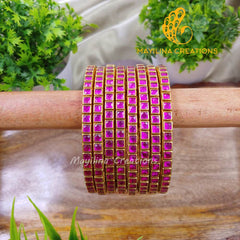 Dark Pink Single Line Kundan Bangles - Silk Thread Bangles(Set of 8 Bangles)