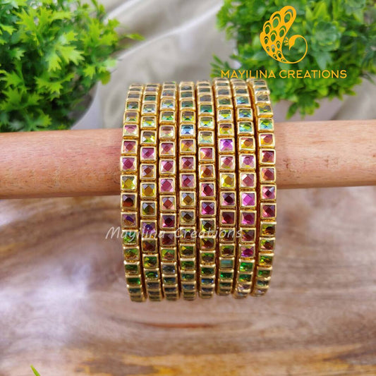 Multicolor Single Line Kundan Bangles - Silk Thread Bangles(Set of 8 Bangles)