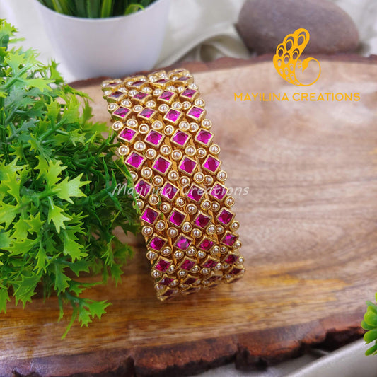 Dark Pink Rhombus Pattern with Gold Pearl Kundan Single Line Silk Thread Bangles (Set of 4)