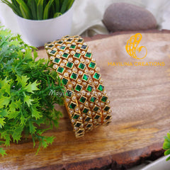 Dark Green Rhombus Pattern with Gold Pearl Kundan Single Line Silk Thread Bangles (Set of 4)