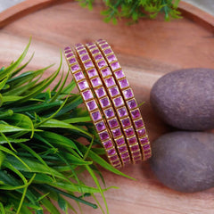 Square Gloss Kundan Single Line Silk Thread Bangles (Set of 4)