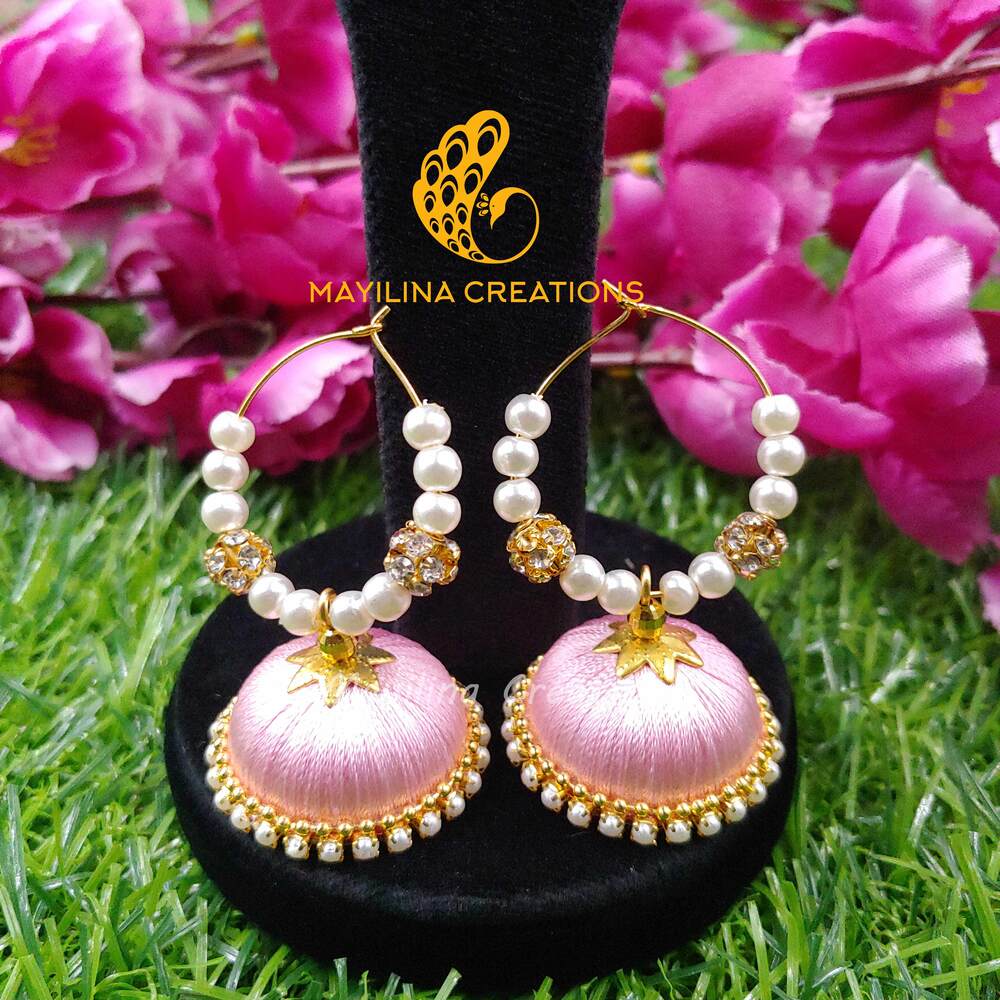 Baby Pink Silk Thread Earrings with Pearl Loop