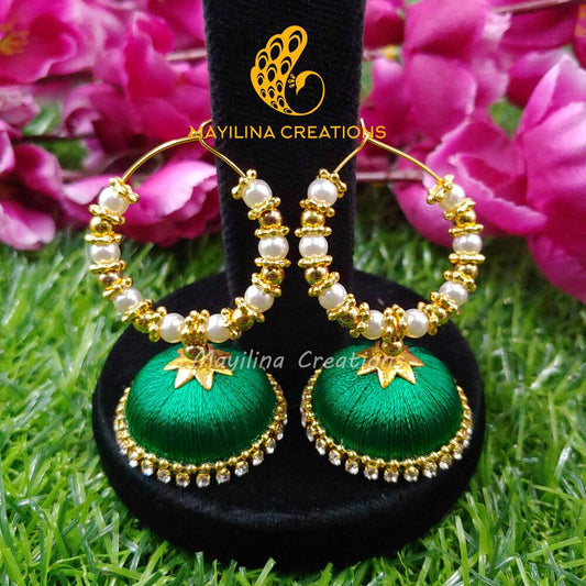 Green Pearl Loop Silk Thread Earrings for Women