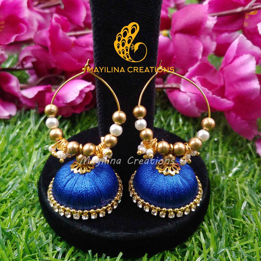 Blue Silk Thread Pearl Earrings with Hangings for Women