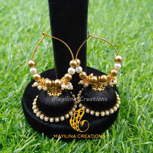 Black Silk Thread Pearl Earrings with Hangings for Women