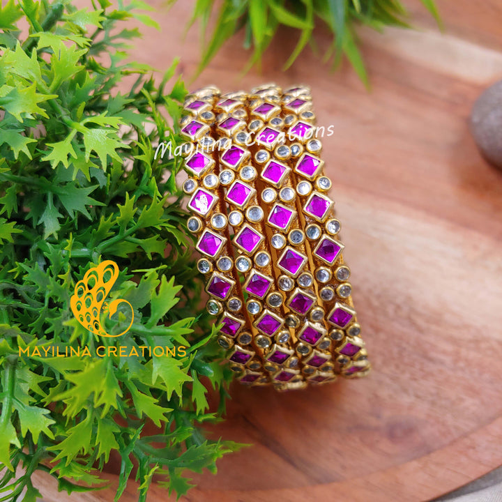 Magenta Rhombus Pattern Golss with White Stone Kundan Silk Thread Bangles (Set of 4 Bangles)Multicolor