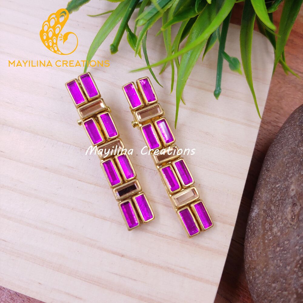 Magenta and Gold Rectangle Kundan Alligator Clip - Medium Size (Set of 2)