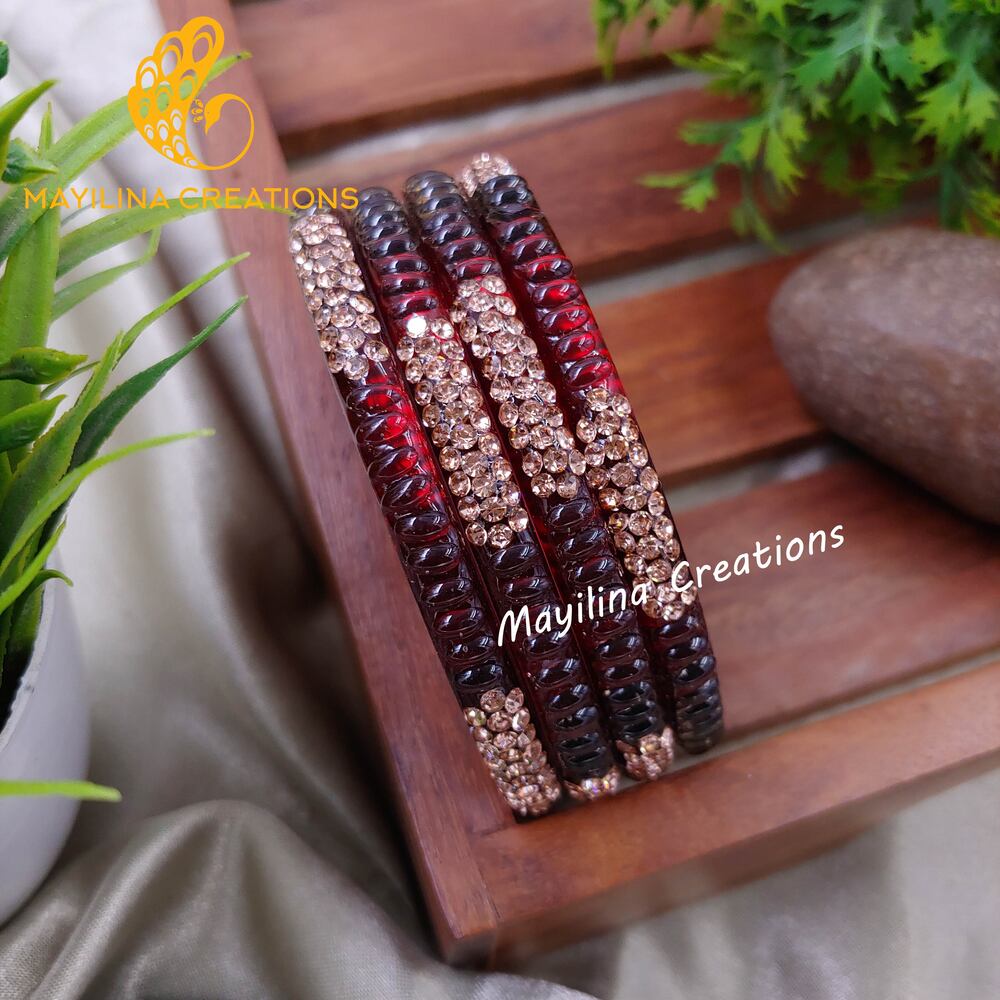 Maroon Glass Kada Bangles - Haruni (Set of 4 Bangles)