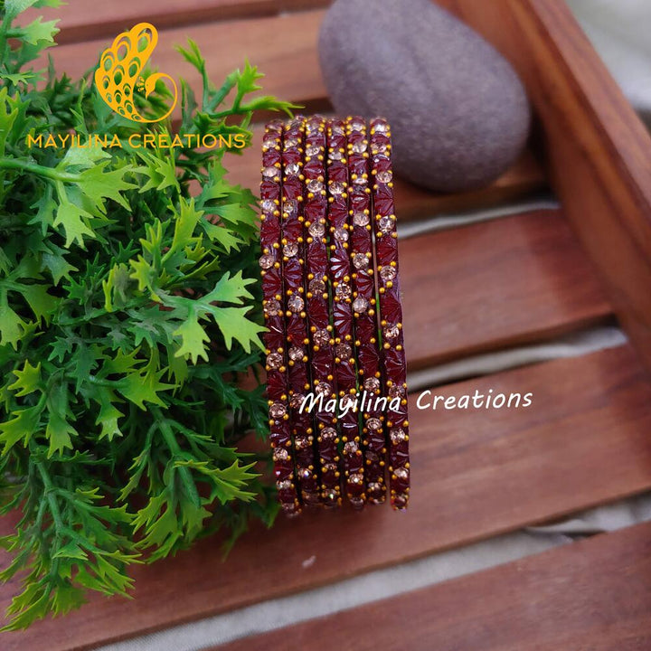 Maroon Lotus Design Glass Bangles (Set of 6 bangles)