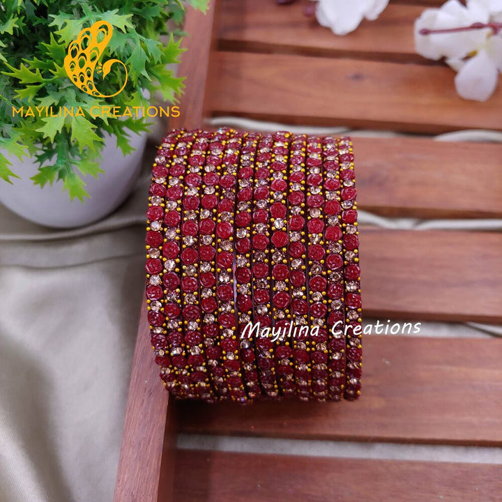 Maroon Rose Glitter Bangles - Set of 12 Bangles