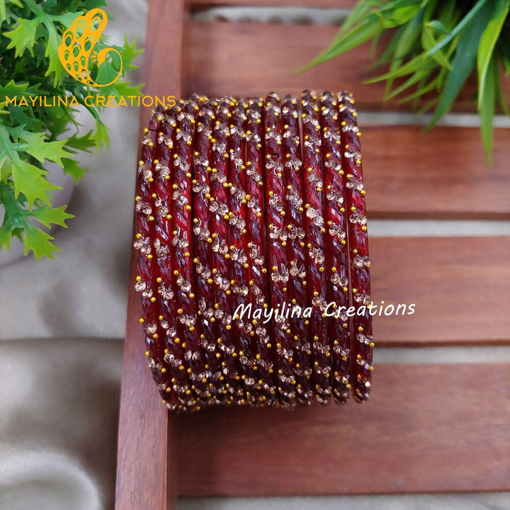 Maroon Thara Designer Glass Bangles - Set of 12 Bangles