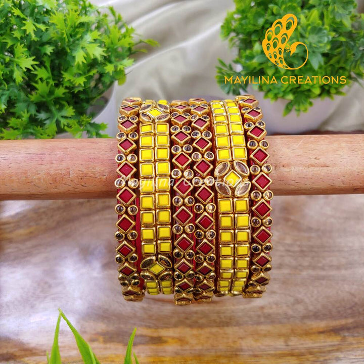 Maroon and Yellow Kundan Kada Bangles with Border Rhombus Pattern - Silk Thread Bangles (Set of 6 Bangles). 