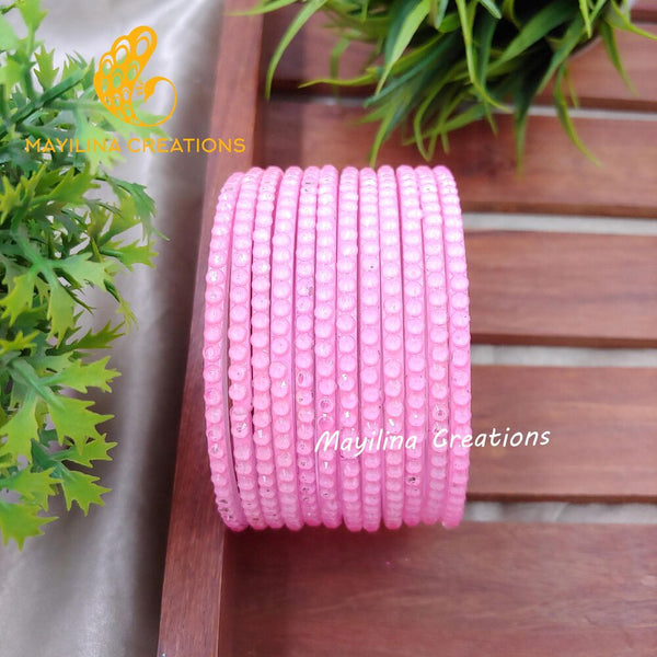 Matte Light Pink Ovi - Minimal Plain Crystal Glass Bangles - Set of 12 Bangles