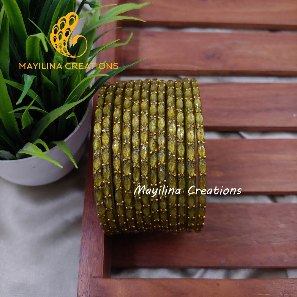 Mehndi Green Matte Raindrop Glass Bangles (Set of 12 Bangles)
