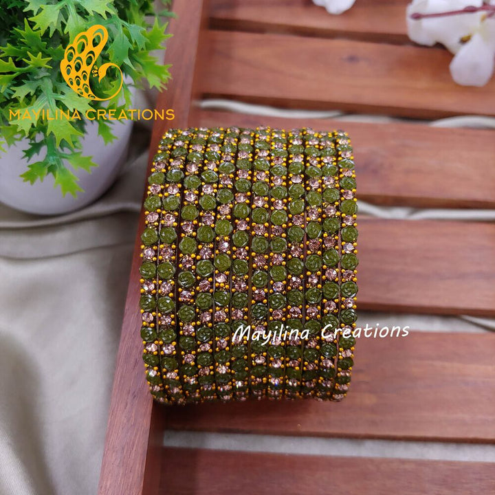 Mehndi Green Rose Glitter Bangles - Set of 12 Bangles