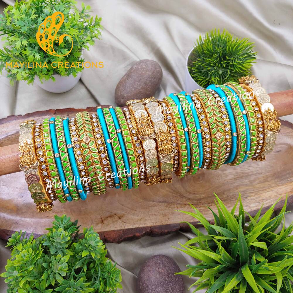 Mithra - Light Green and Blue Traditional Kundan Bangles for Weddings