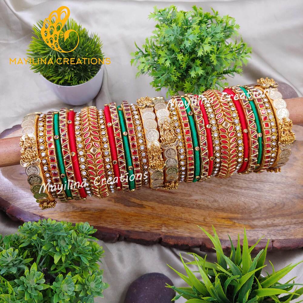 Mithra - Red and Dark Green Traditional Kundan Bangles for Weddings