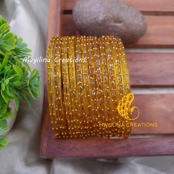 Mustard Raindrop Glass Bangles (Set of 12 Bangles)
