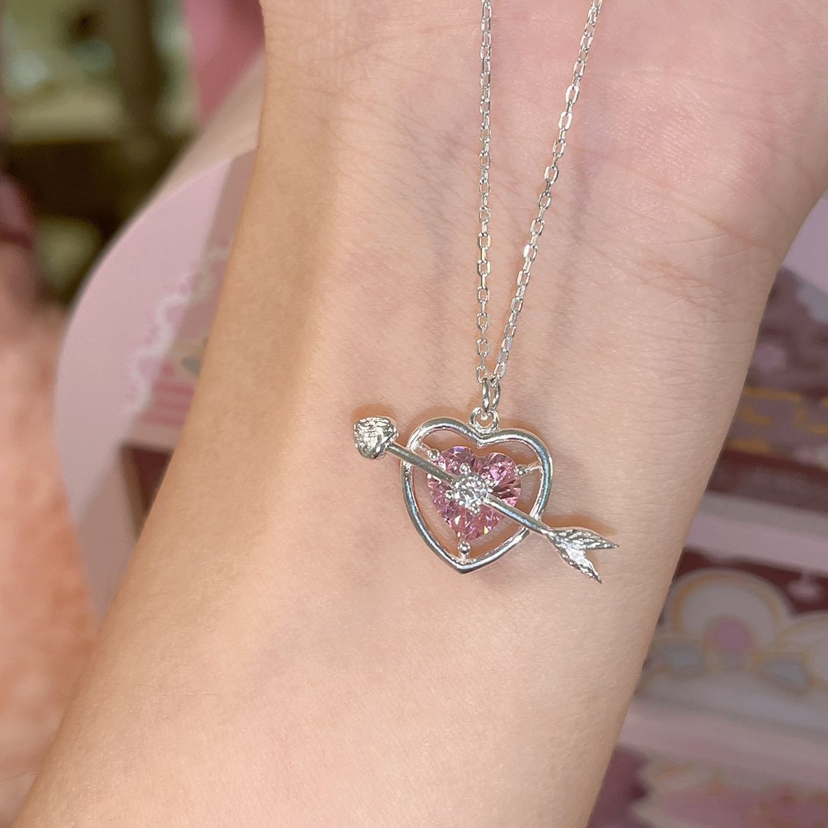 Pink Heart with Arrow Silver Single Layer Chain