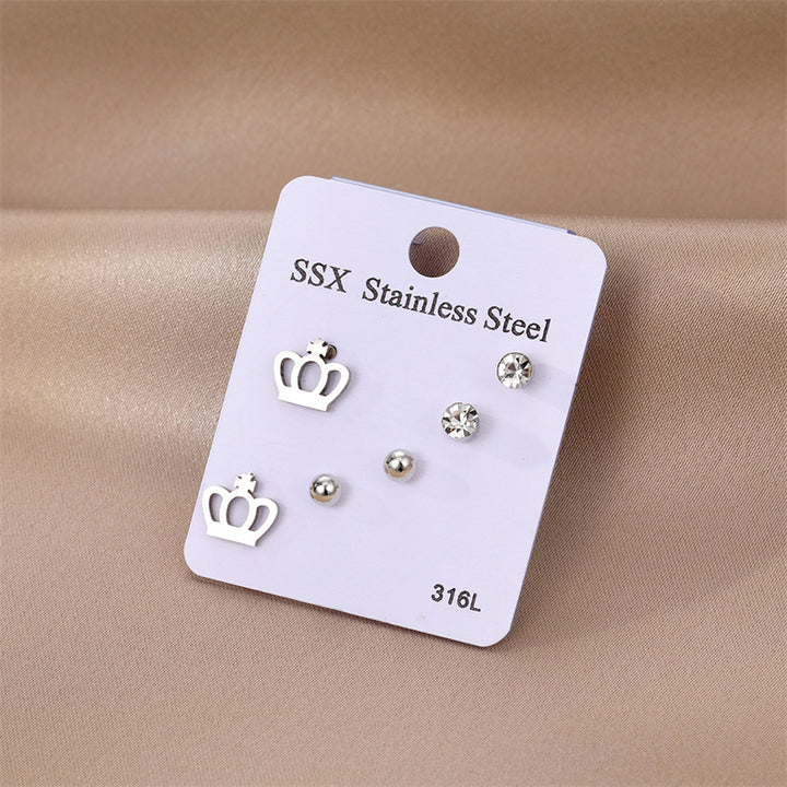 Anti-Tarnish: Silver Crown Stainless Steel Combo Earrings